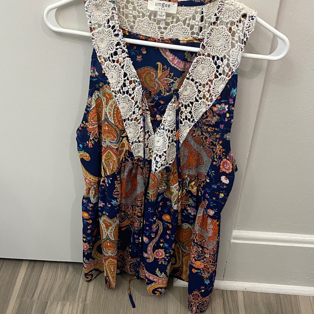 Umgee Navy Paisley Crochet-Trim Tank Top